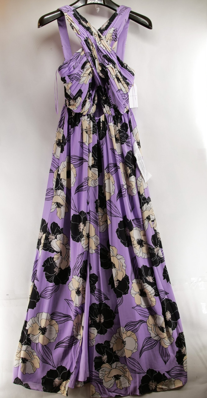 Dress the Population Lavender Black Floral Print Maxi Gown Wedding Guest Size Sm